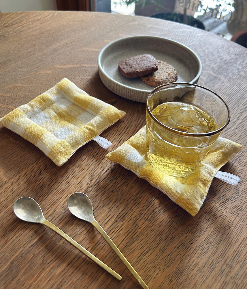 "再入荷”リネンクッションコースター【イエローチェック】