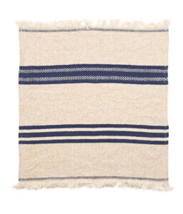 Beige woven rug with navy stripes and fringed ends on both sides