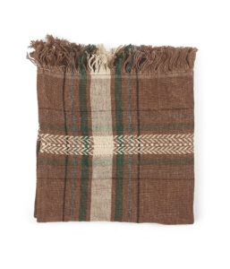 Brown plaid scarf with fringed ends folded on a white background.