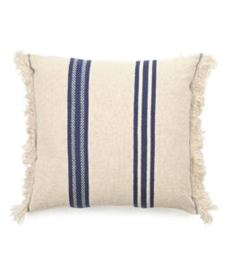Beige decorative throw pillow with navy blue vertical stripes and fringed edges.