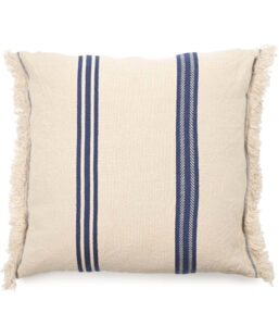 Beige decorative throw pillow with navy blue vertical stripes and fringed edges on both sides.