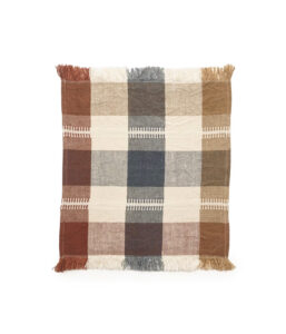 Plaid throw blanket with fringe in brown, beige, and cream tones laid flat on a white background