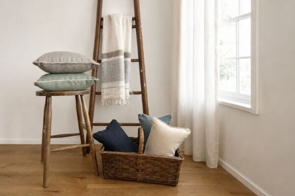 Wooden stool with stacked cushions, a wicker basket of pillows, a ladder with a striped towel, by a sunlit window.